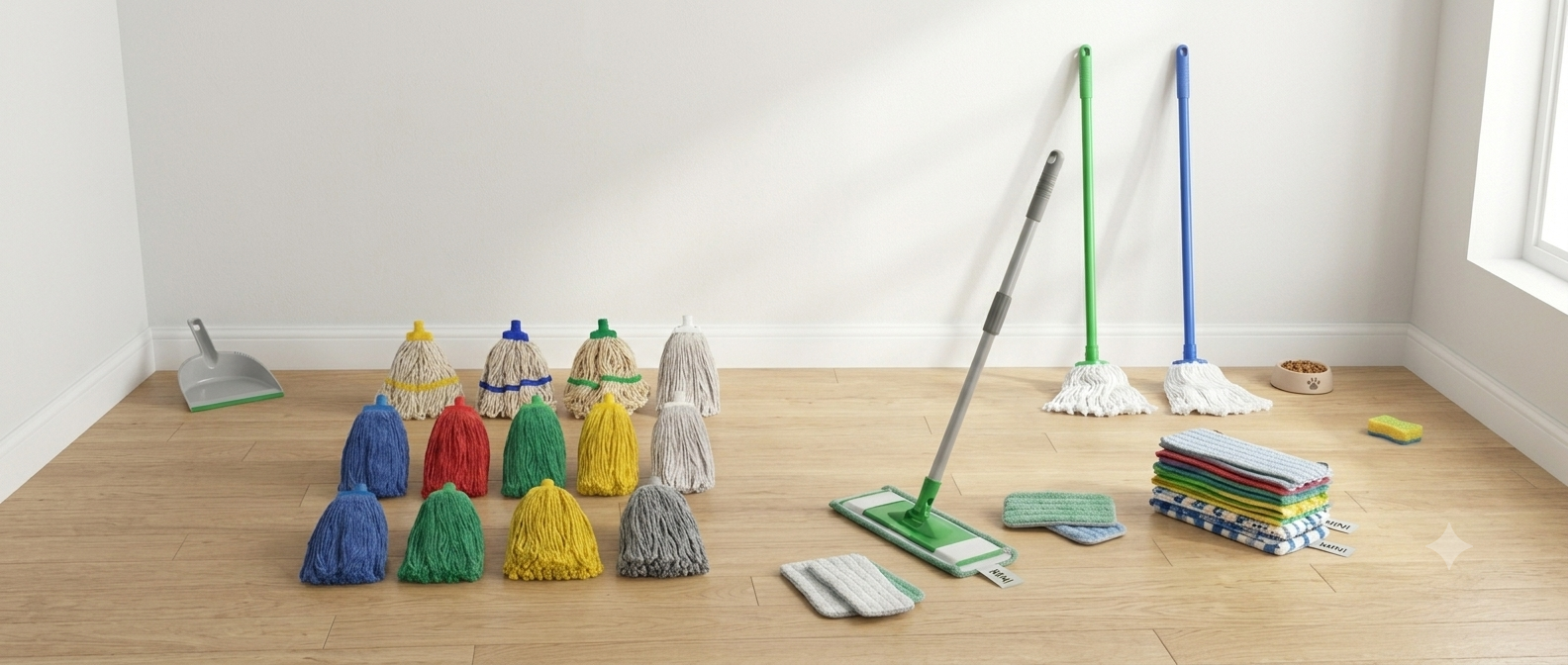 Lonetex cleaning materials — mop heads, microfiber cloths, and professional cleaning textiles